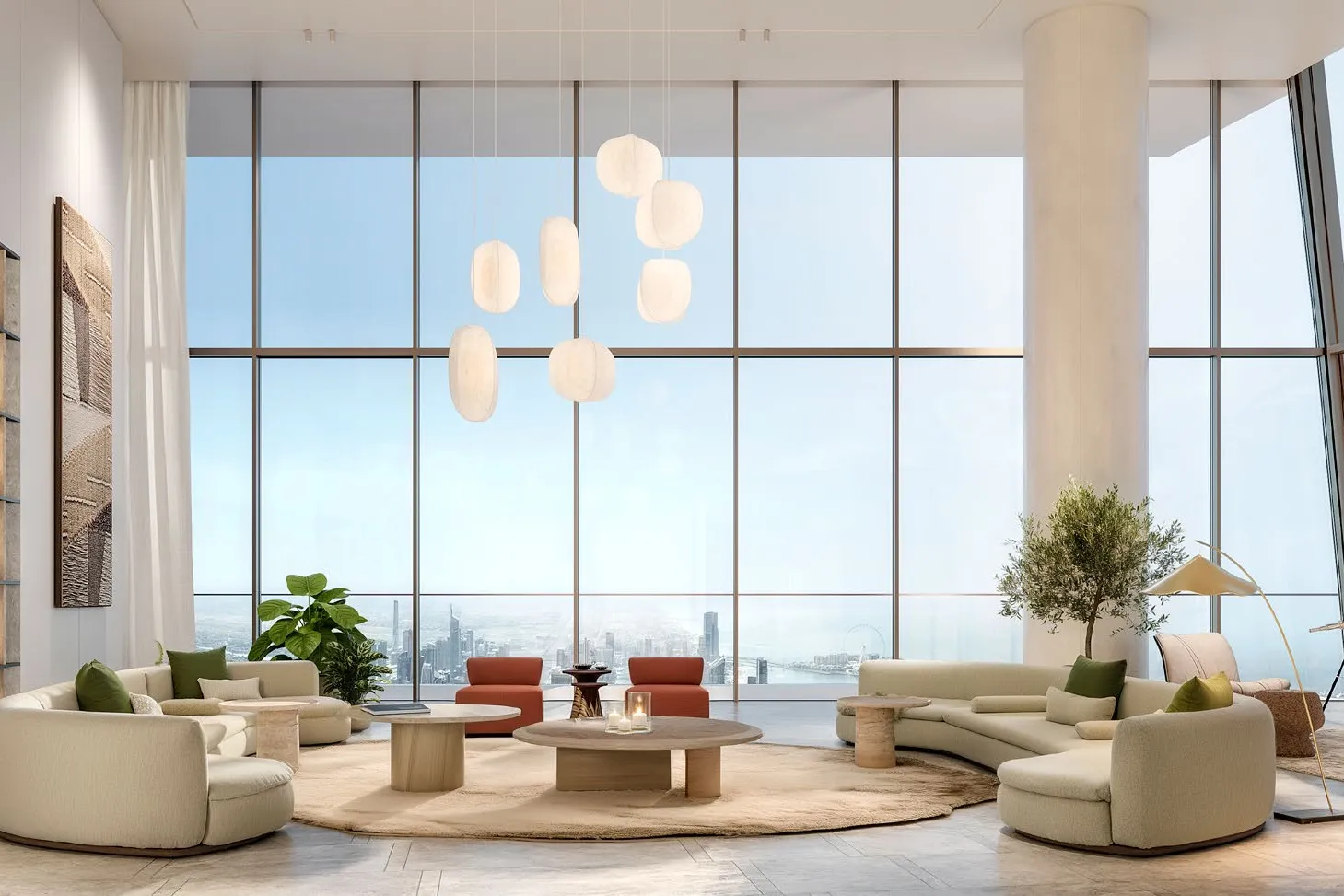 Double-height lounge with curved sofas and full-height glazing