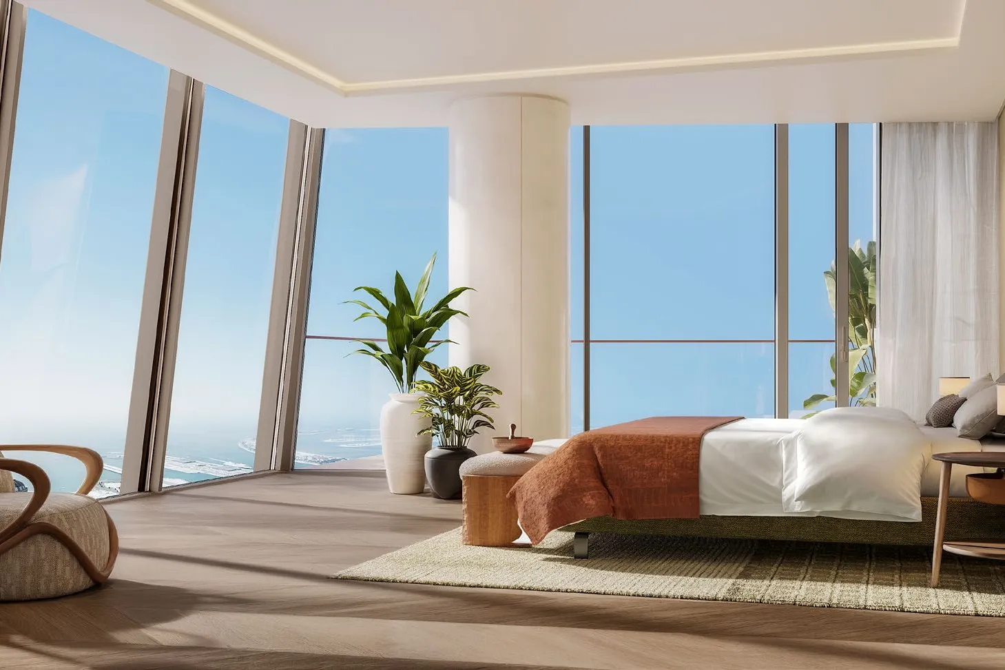 Bright bedroom with angled windows looking over the Palm