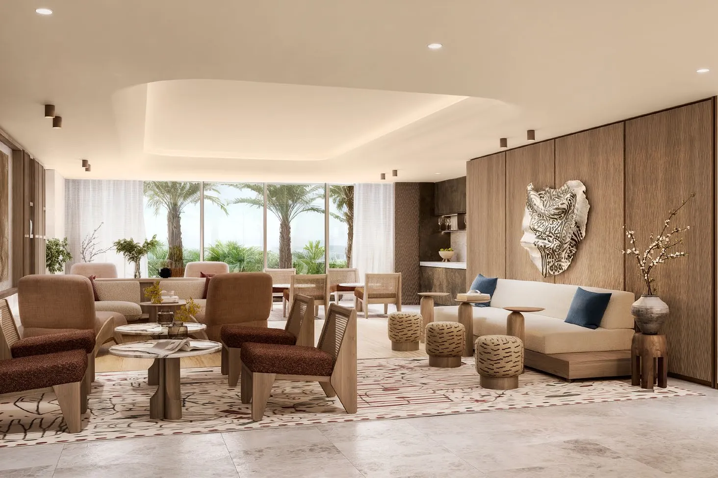Residents' lounge with timber walls, armchairs and garden views
