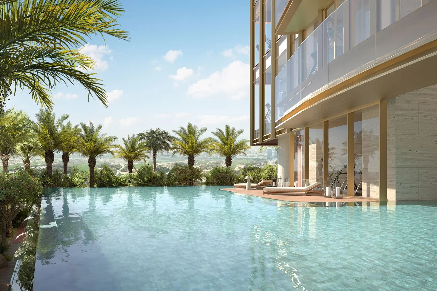 Infinity pool edged with palms beside the tower's podium