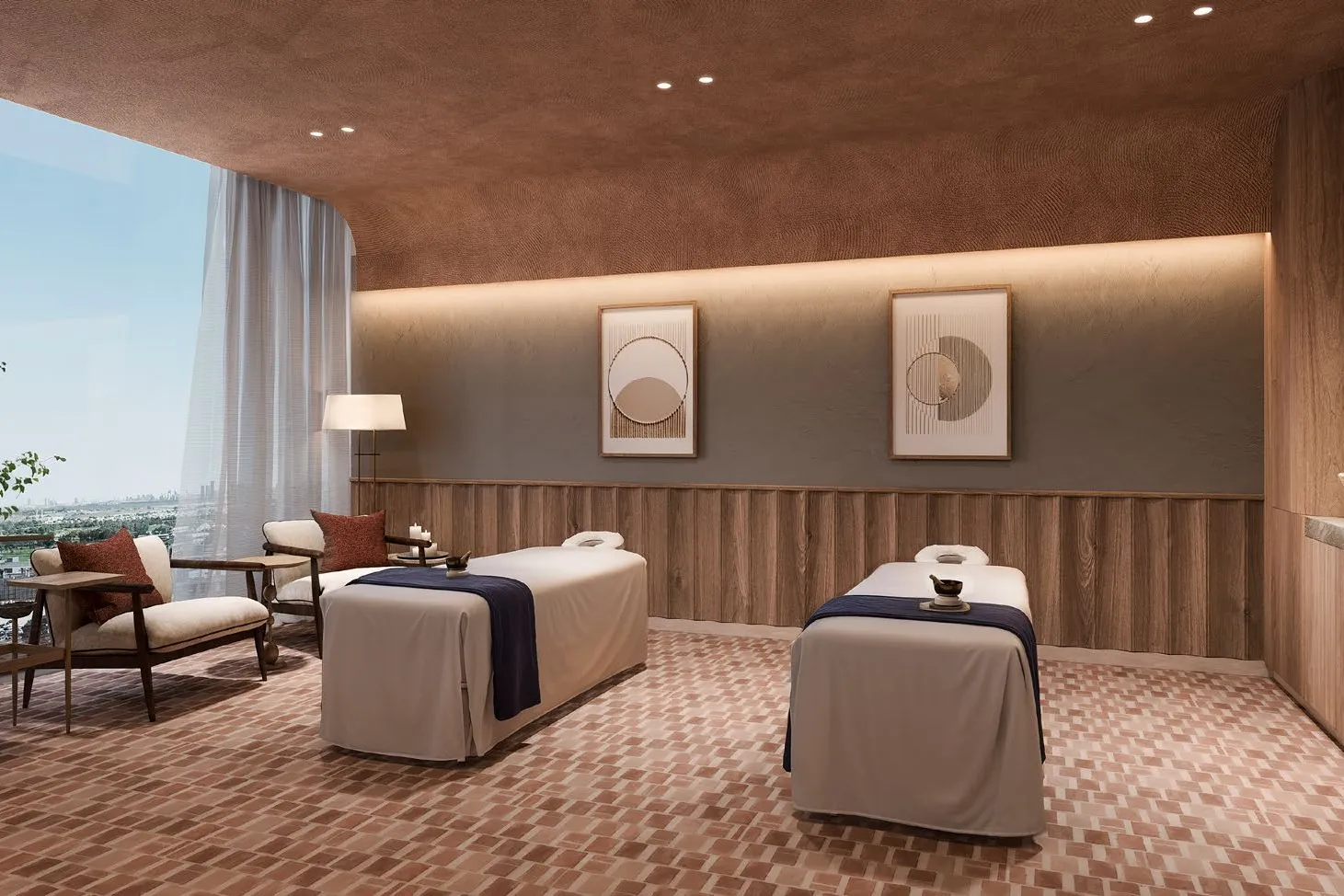 Twin massage treatment room with timber panelling and warm lighting